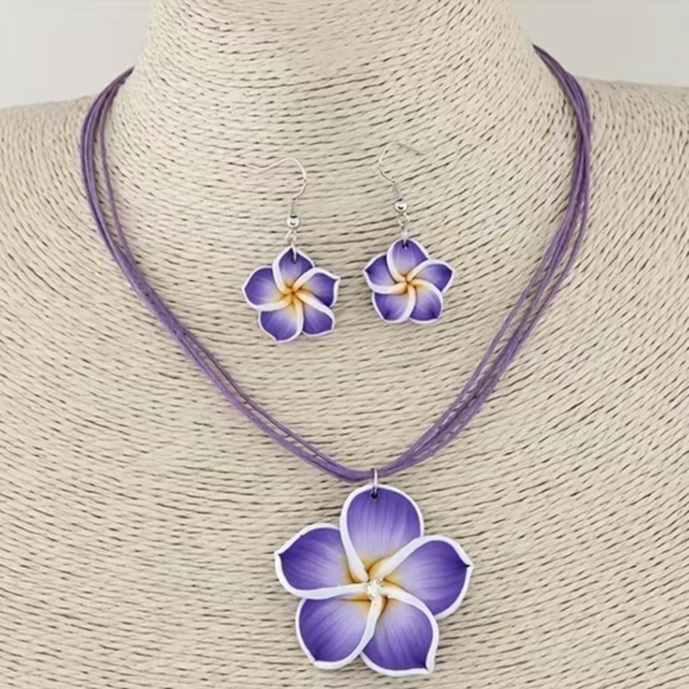 New! Passionate Purple Pendant Flower Zircon Necklace Matching Drop Earrings